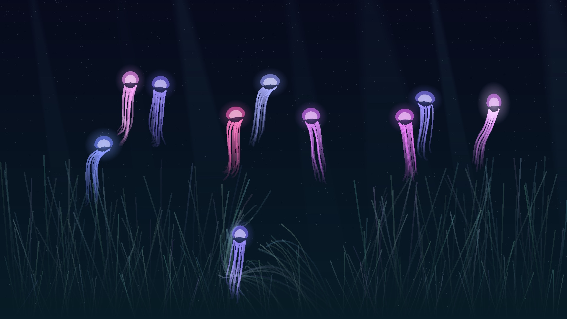 The jellyfish scene - bioluminescent bells with rope tentacles drifting over a seagrass meadow